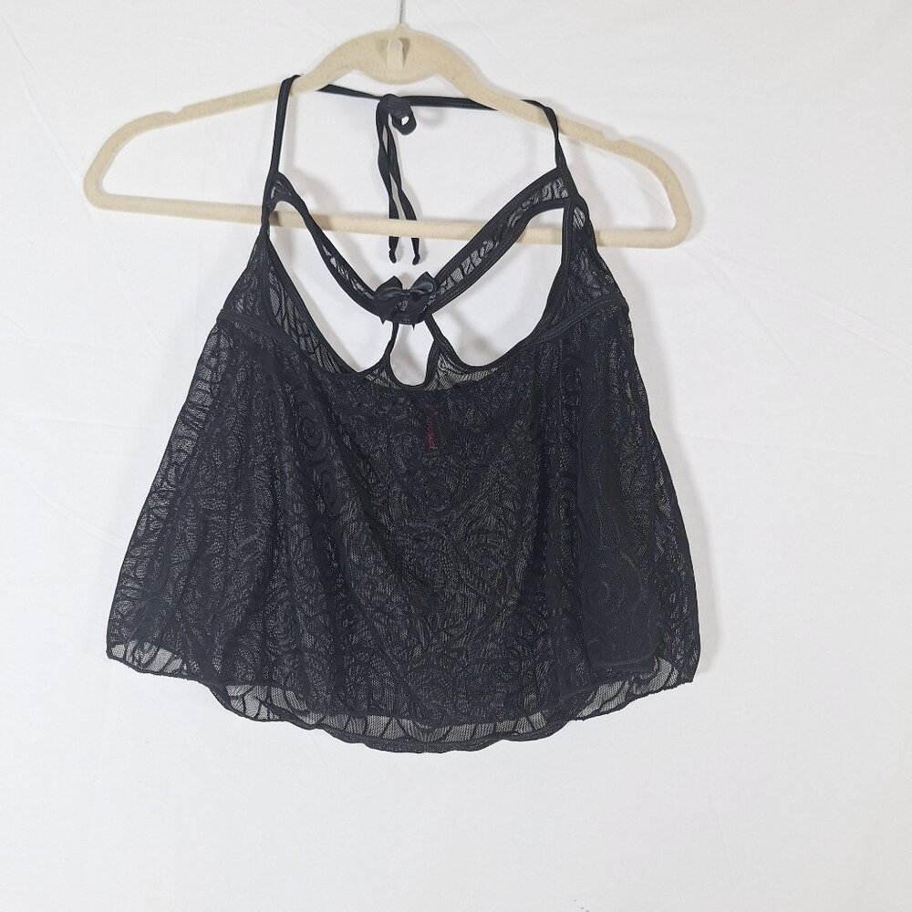 Black Sheer Lace Halter Bralette Top By Exposed L/XL  With Floral Pattern And Sa